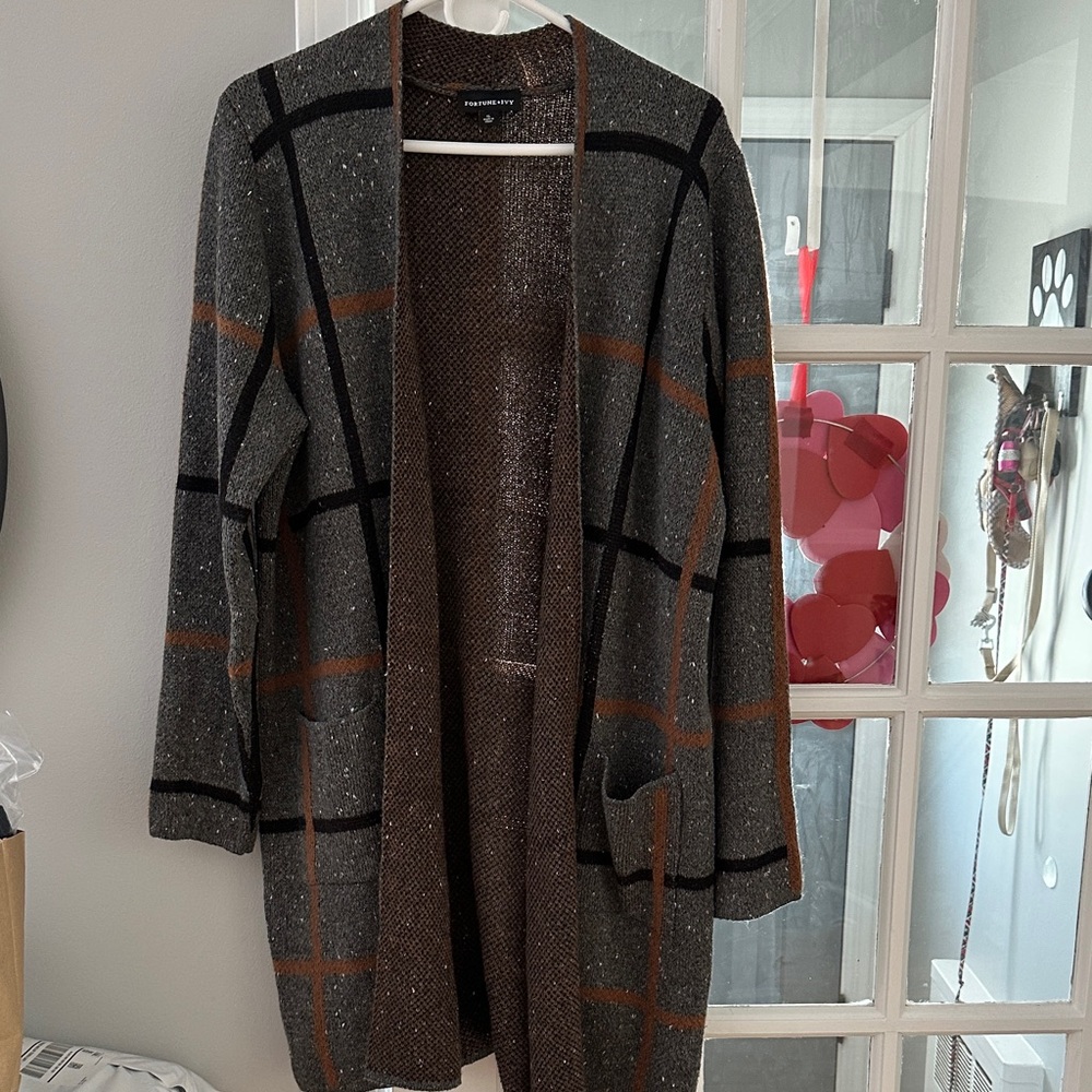 Fortune + Ivy Women's Gray and Brown Open Front Cardigan size xl